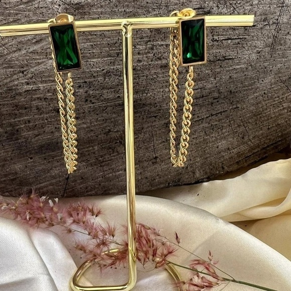 Gold Plated Tassel Emerald Green Earrings Stainless Steel Chain womens jewelry - Picture 4 of 11